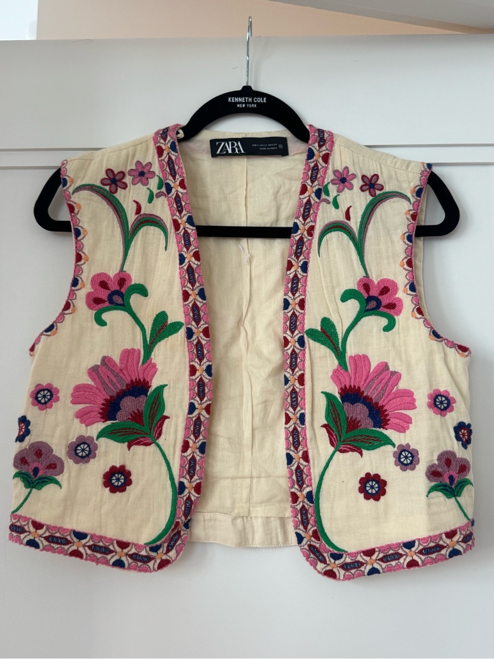 Zara Cream Embroidered Vest with Pink & Green Floral Detail
